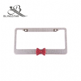 Bow Car License Plate Frame Cover for Women Girl Ladies Bling Diamond Sparkle Rhinestone Stainless Steel Metal Chrome with Screws