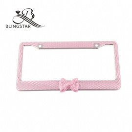 Bow Car License Plate Frame Cover for Women Girl Ladies Bling Diamond Sparkle Rhinestone Stainless Steel Metal Chrome with Screws