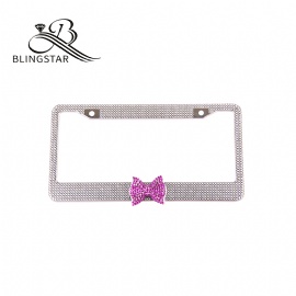 Bow Car License Plate Frame Cover for Women Girl Ladies Bling Diamond Sparkle Rhinestone Stainless Steel Metal Chrome with Screws